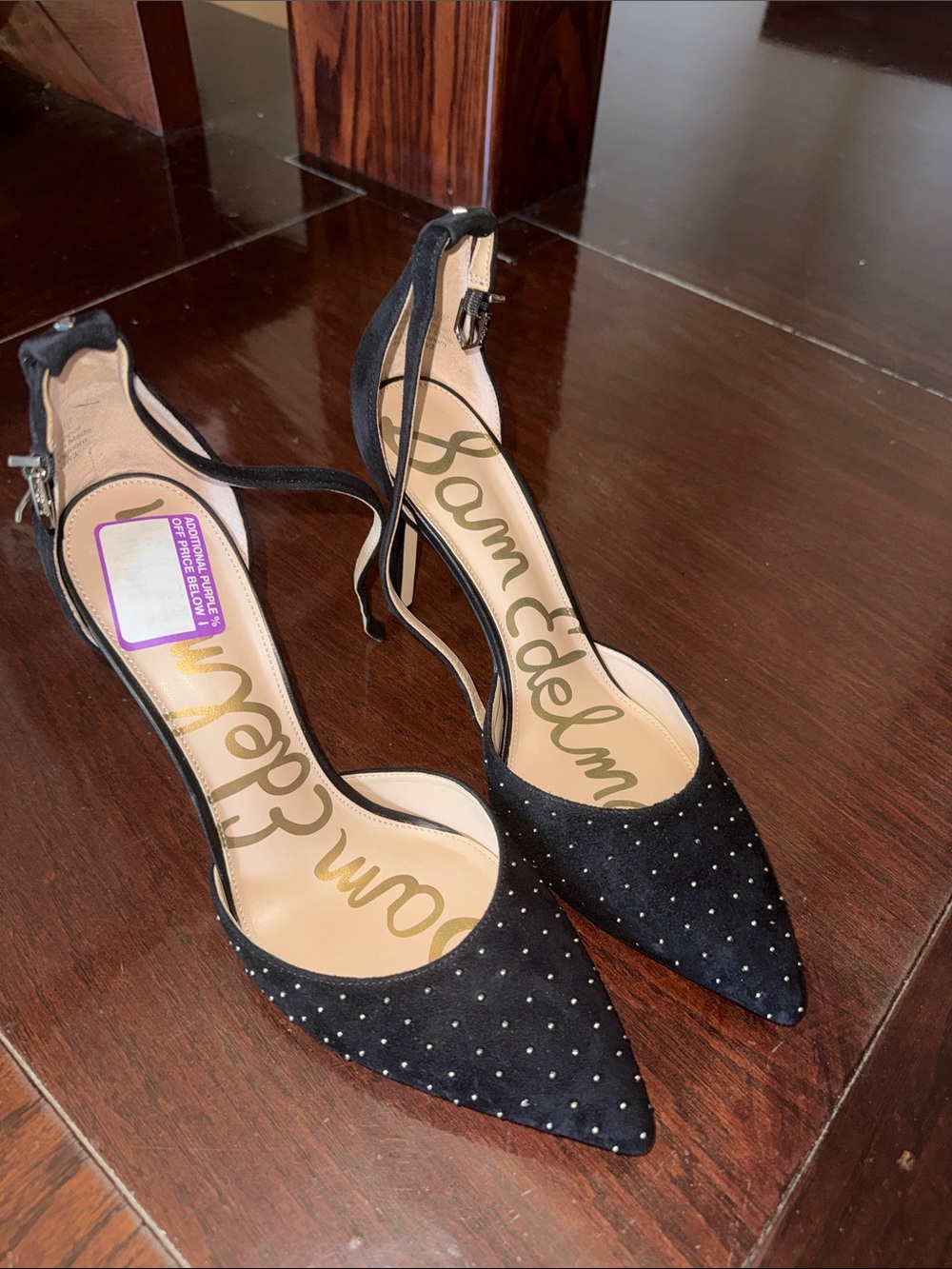 Sam Edelman Black Pointed-Toe Ankle Strap Heels with Stud Detail